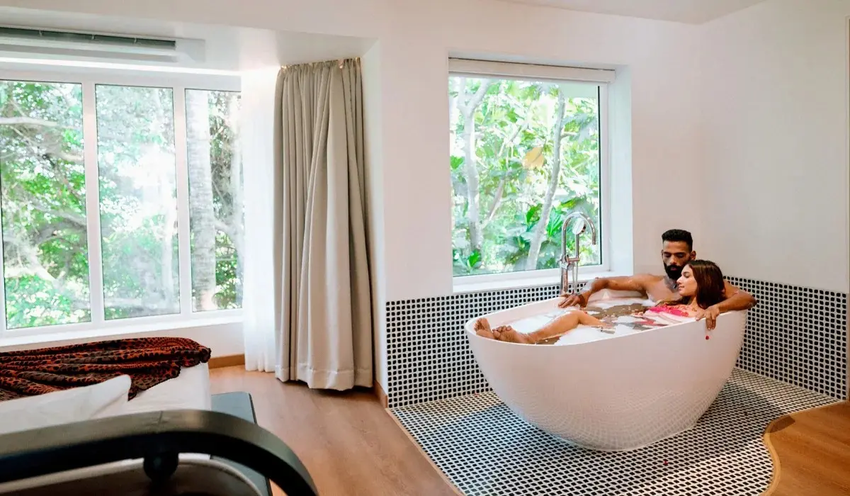 Scenic poolside view at a serene resort in Goa offering luxury stays near Benaulim Beach