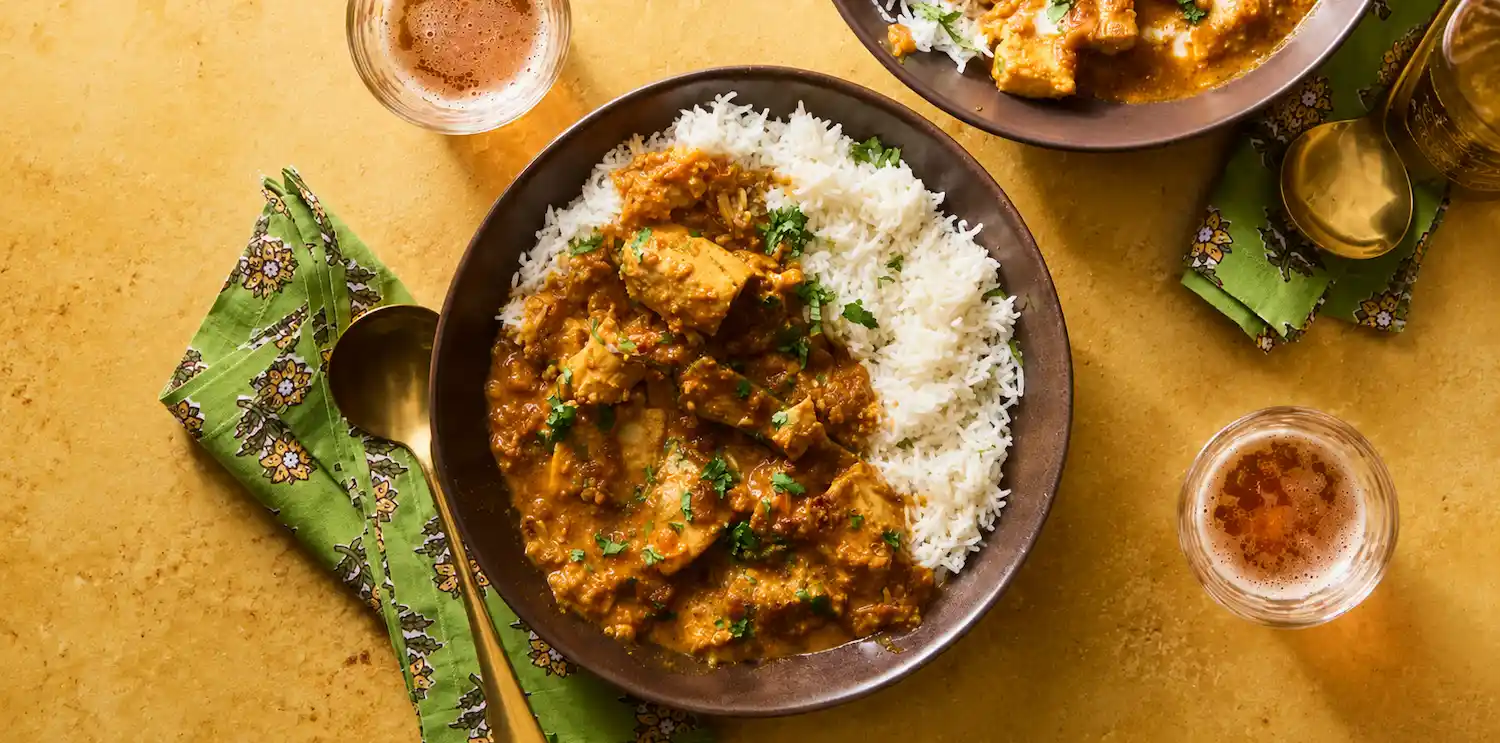 Goan fish curry rice thali